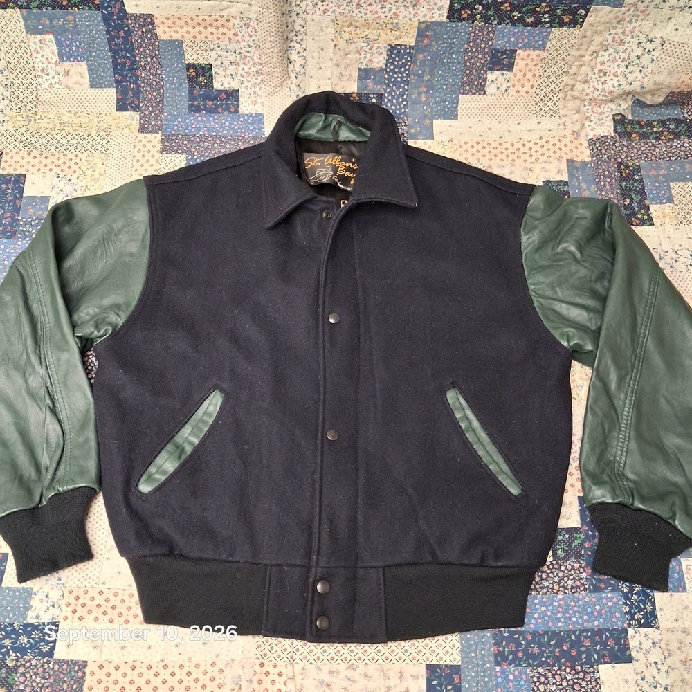 Vintage 90s St Albans Bay Wool Leather Varsity Jacket Mens Medium Green Navy